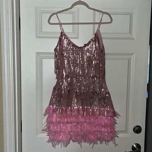 Sequin & Feather Mini Dress in Rose Pink